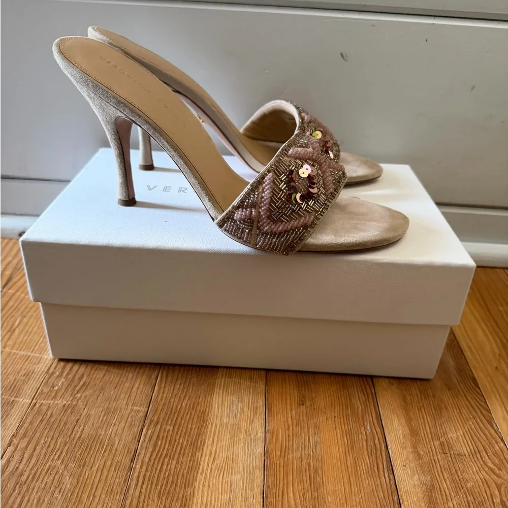 Veronica Beard Beige Beaded Slide Heels - Picture 3 of 5
